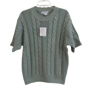 Trifles Vintage Silk Cotton Cable Knit Sweater Short Sleeve Seafoam Green L NWT